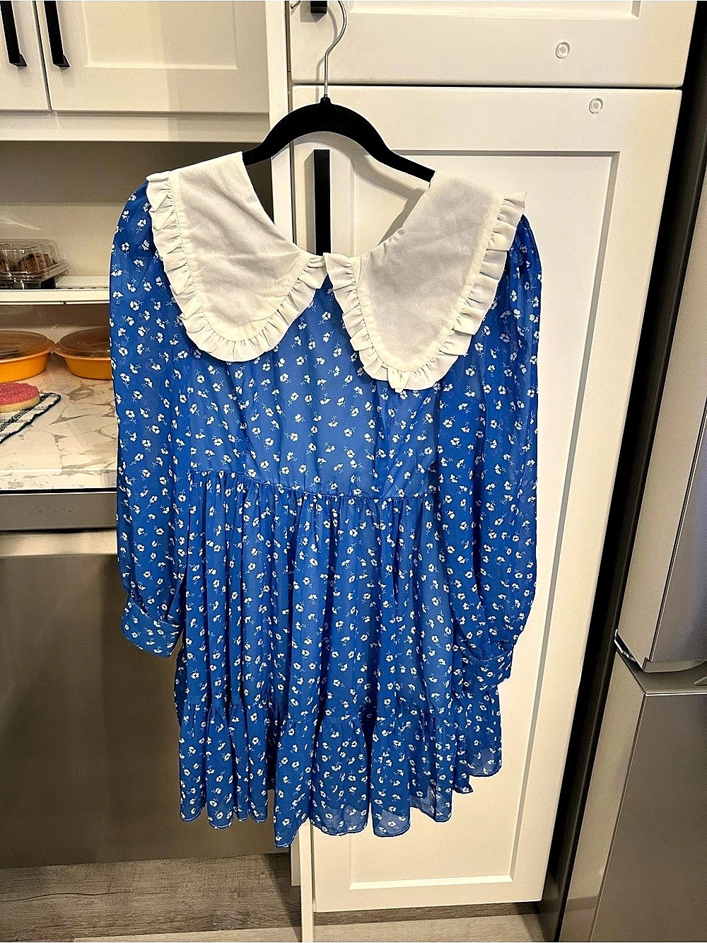 Love + Harmony Blue & White Floral Ruffle Collar Mini Dress Size Small